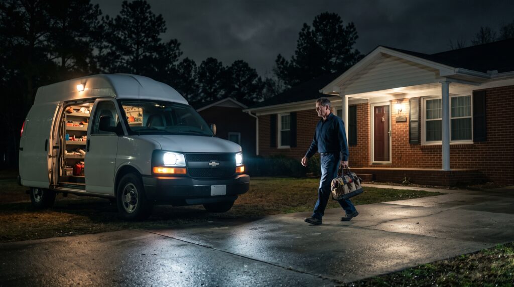 A Fix It Plumbing truck arriving at a home at night for an emergency call