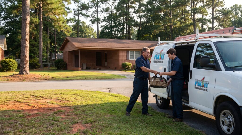 Fix It Plumbing crew and service truck on a residential street in Sanford