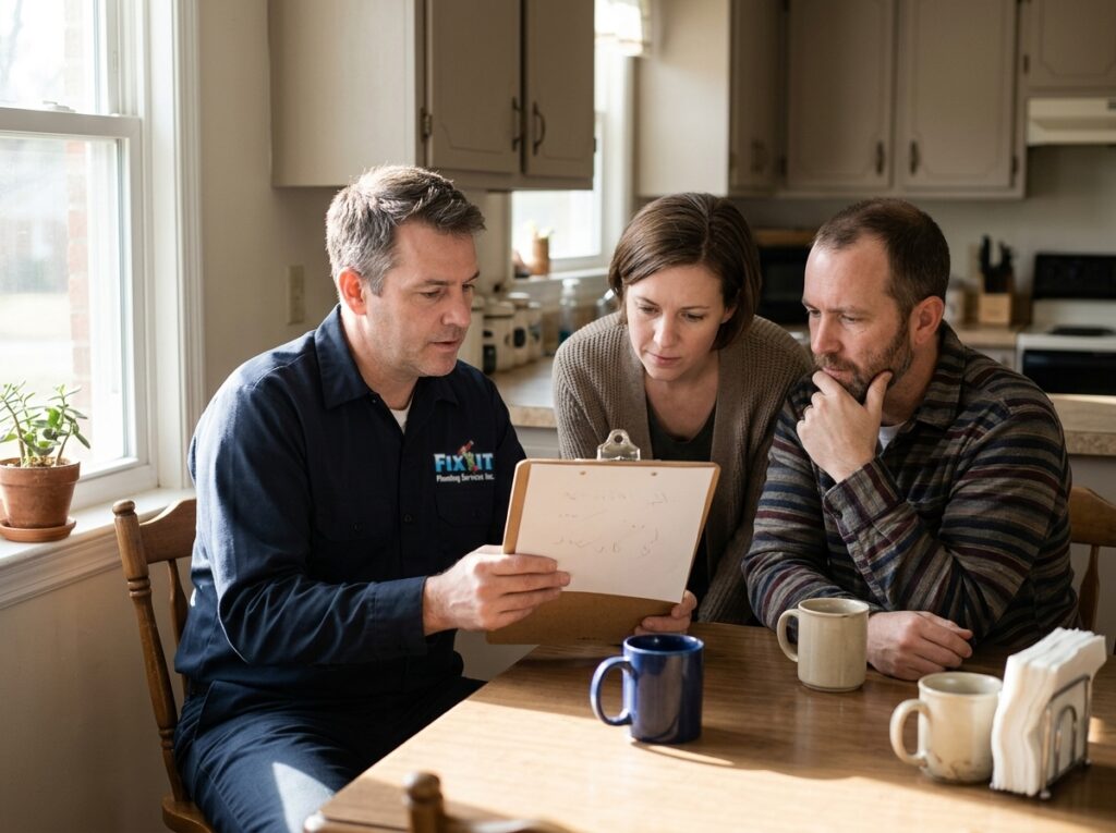 A plumber reviewing a written quote with customers at their kitchen table